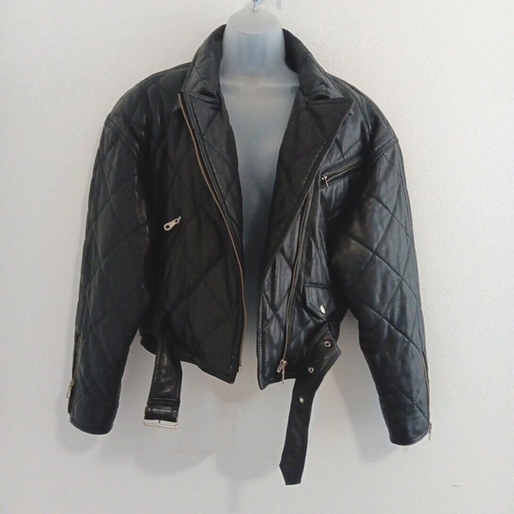 Green Field Leather Jacket Womens Medium MOTO Black Belted Motorcycle Grunge VTG - Picture 5 of 13